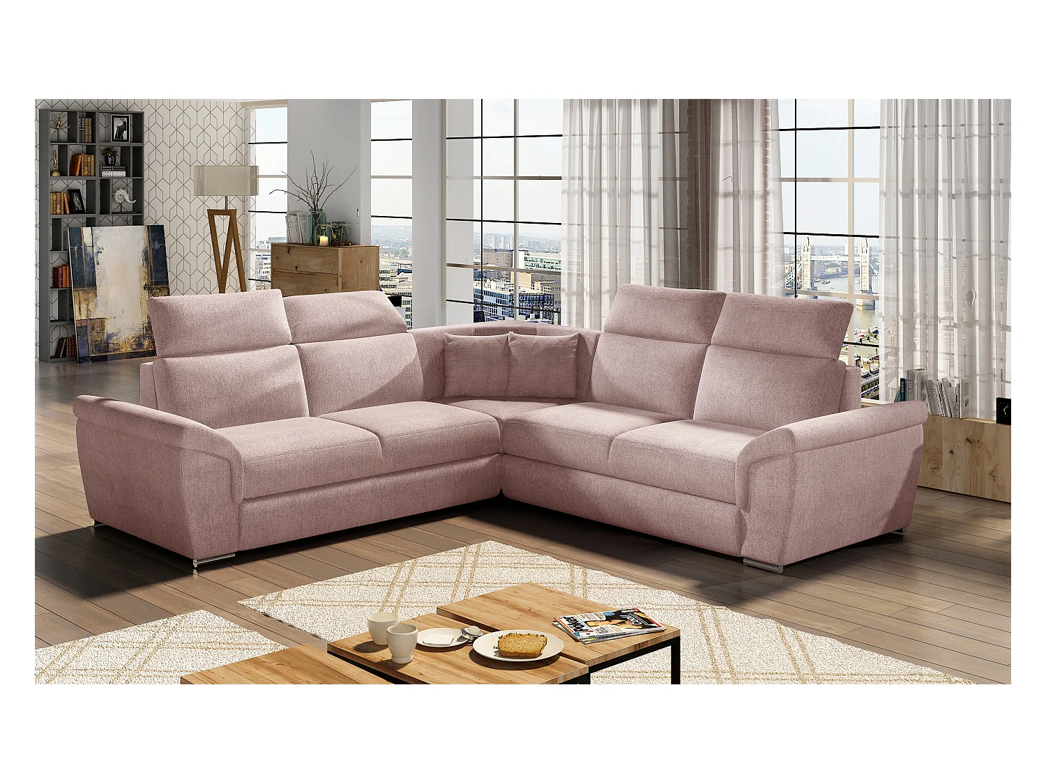 Canapé d'angle réversible et convertible tissu Neo - Pieds acier chromé-Rose clair