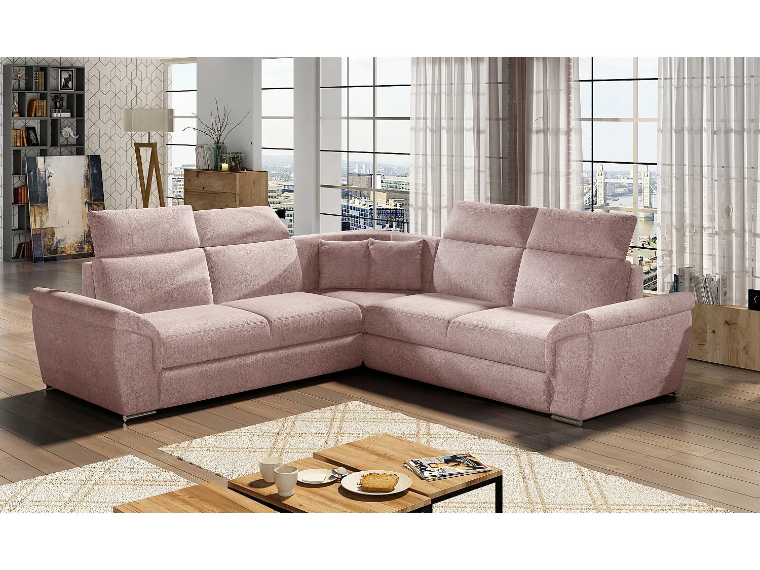 Canapé d'angle réversible et convertible tissu Neo - Pieds acier chromé-Rose clair