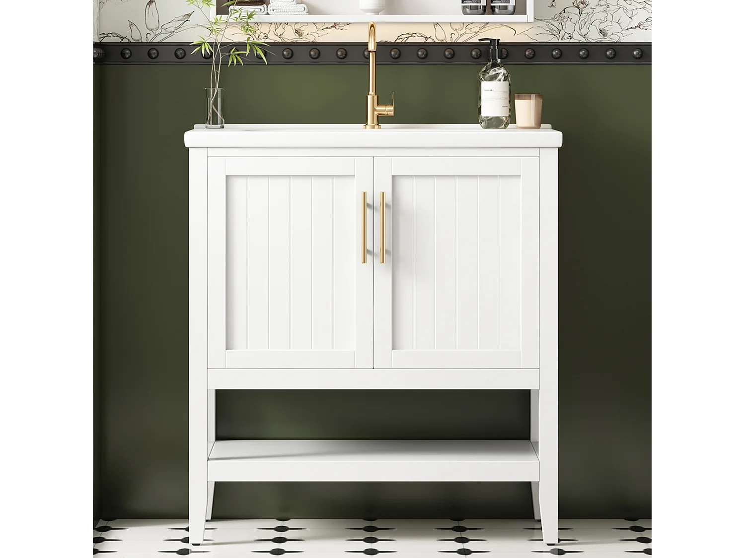 Móvel de lavatório com lavatório embutido, 2 portas incluídas, 80x47x90cm