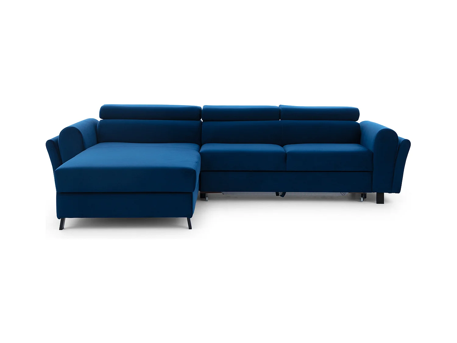 Canapé d’angle convertible MAZALI tissu- Appuis-tête réglables et rangement-Bleu-Méridienne A gauche