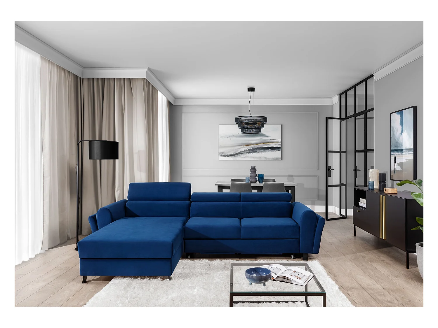 Canapé d’angle convertible MAZALI tissu- Appuis-tête réglables et rangement-Bleu-Méridienne A gauche