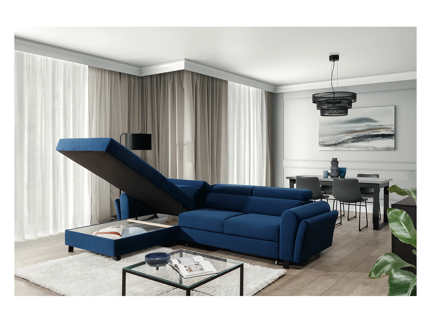 Canapé d’angle convertible MAZALI tissu- Appuis-tête réglables et rangement-Bleu-Méridienne A gauche