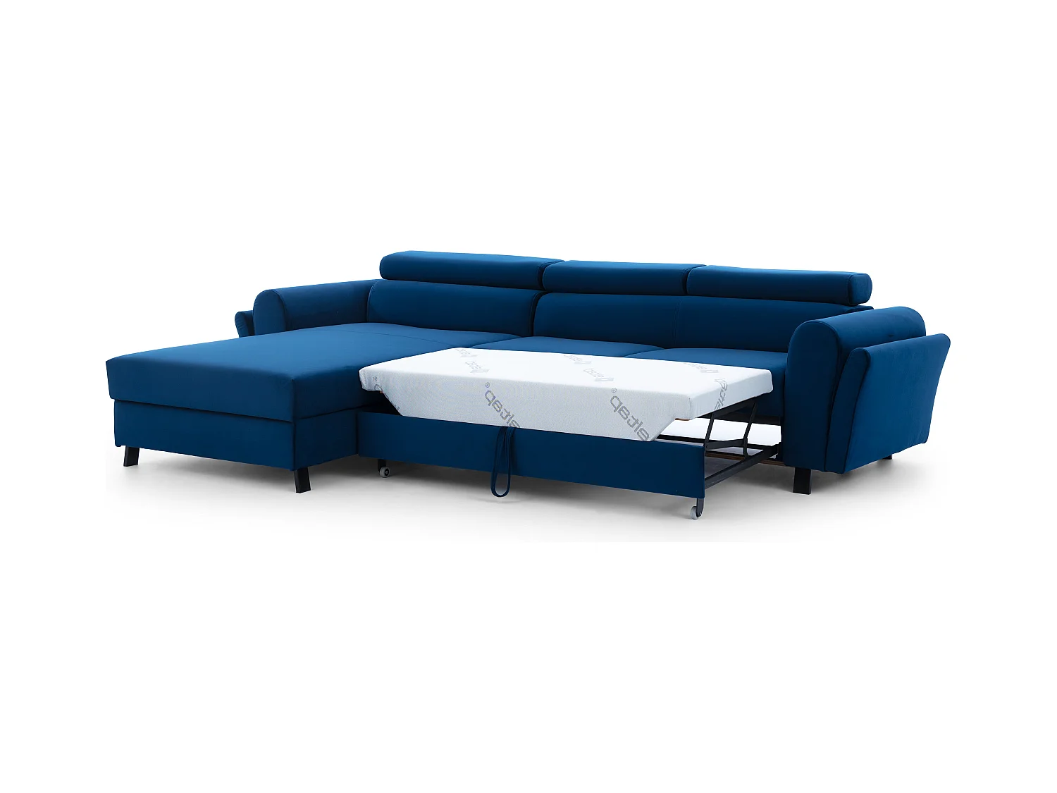 Canapé d’angle convertible MAZALI tissu- Appuis-tête réglables et rangement-Bleu-Méridienne A gauche