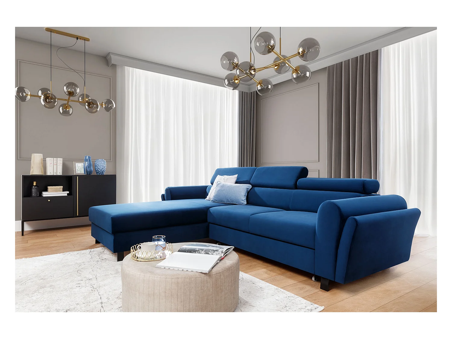 Canapé d’angle convertible MAZALI tissu- Appuis-tête réglables et rangement-Bleu-Méridienne A gauche