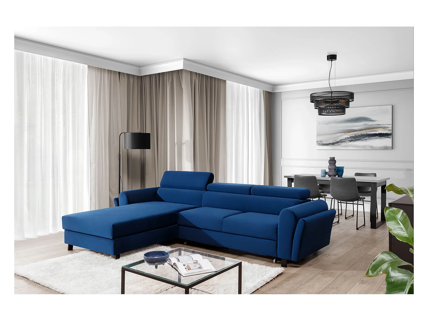 Canapé d’angle convertible MAZALI tissu- Appuis-tête réglables et rangement-Bleu-Méridienne A gauche