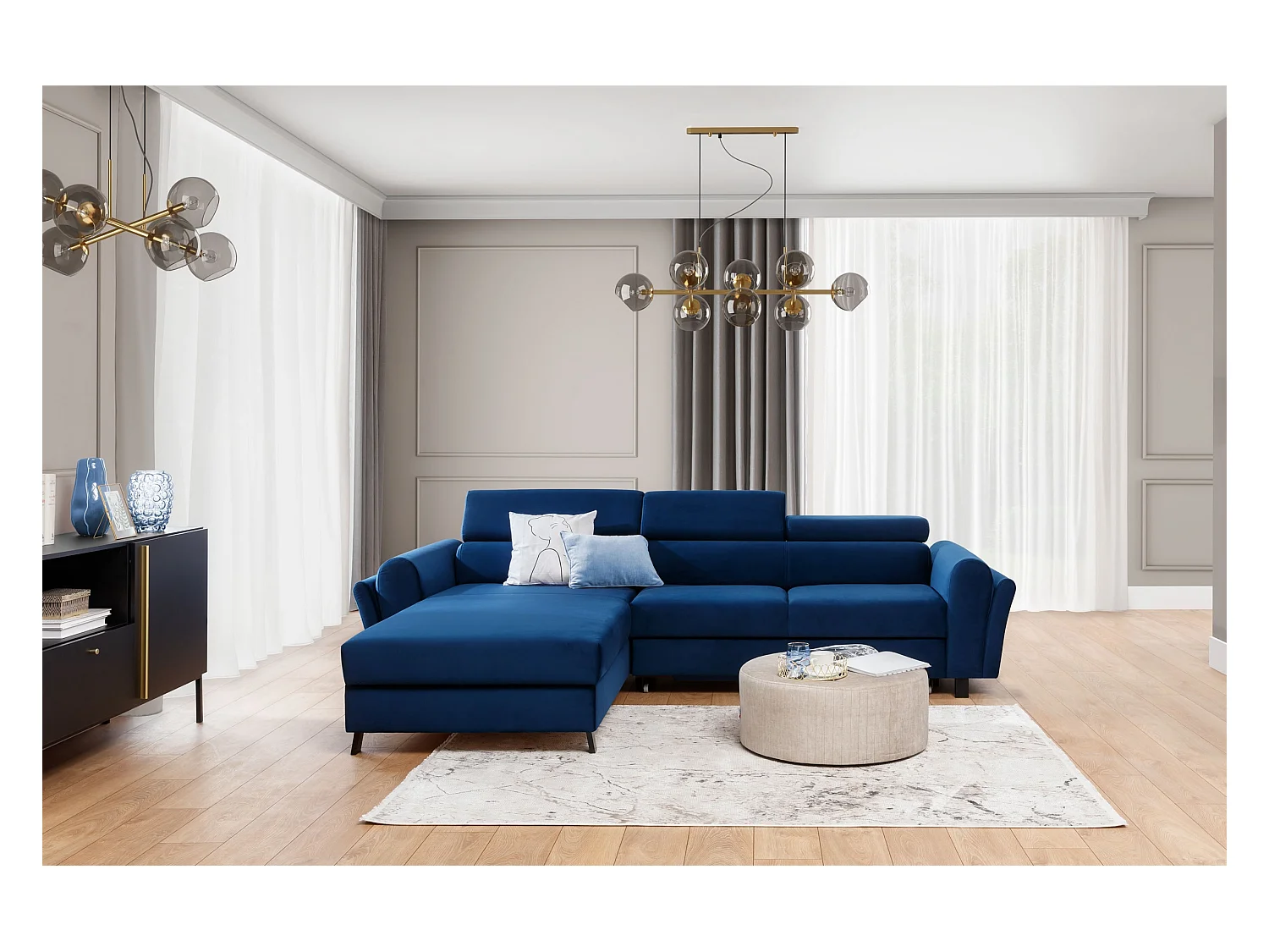 Canapé d’angle convertible MAZALI tissu- Appuis-tête réglables et rangement-Bleu-Méridienne A gauche