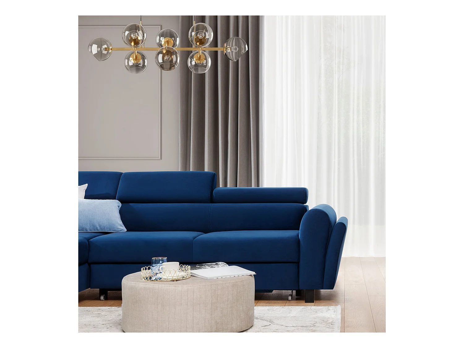 Canapé d’angle convertible MAZALI tissu- Appuis-tête réglables et rangement-Bleu-Méridienne A gauche