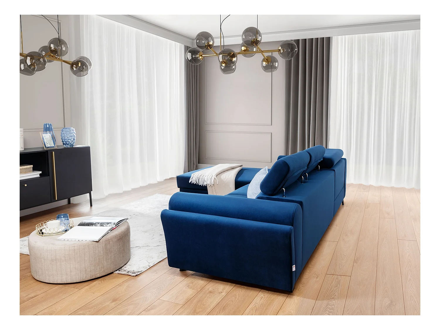 Canapé d’angle convertible MAZALI tissu- Appuis-tête réglables et rangement-Bleu-Méridienne A gauche