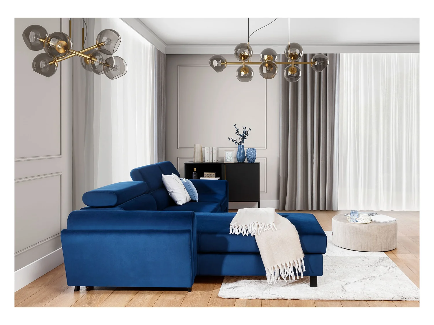 Canapé d’angle convertible MAZALI tissu- Appuis-tête réglables et rangement-Bleu-Méridienne A gauche