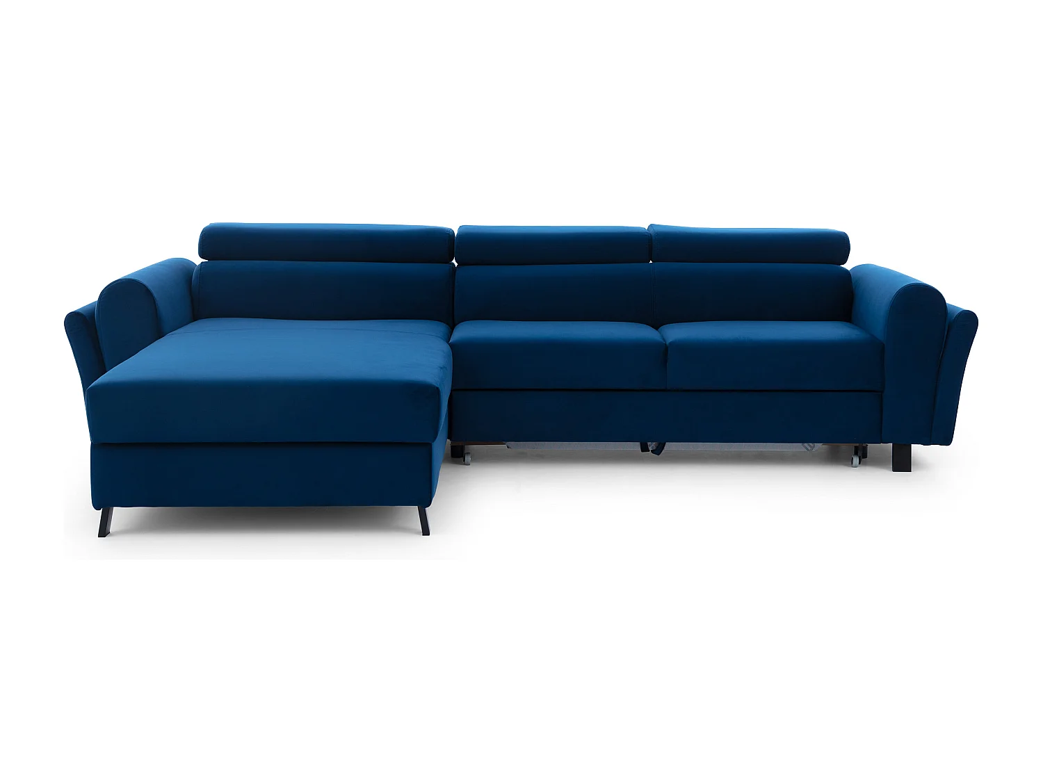 Canapé d’angle convertible MAZALI tissu- Appuis-tête réglables et rangement-Bleu-Méridienne A gauche