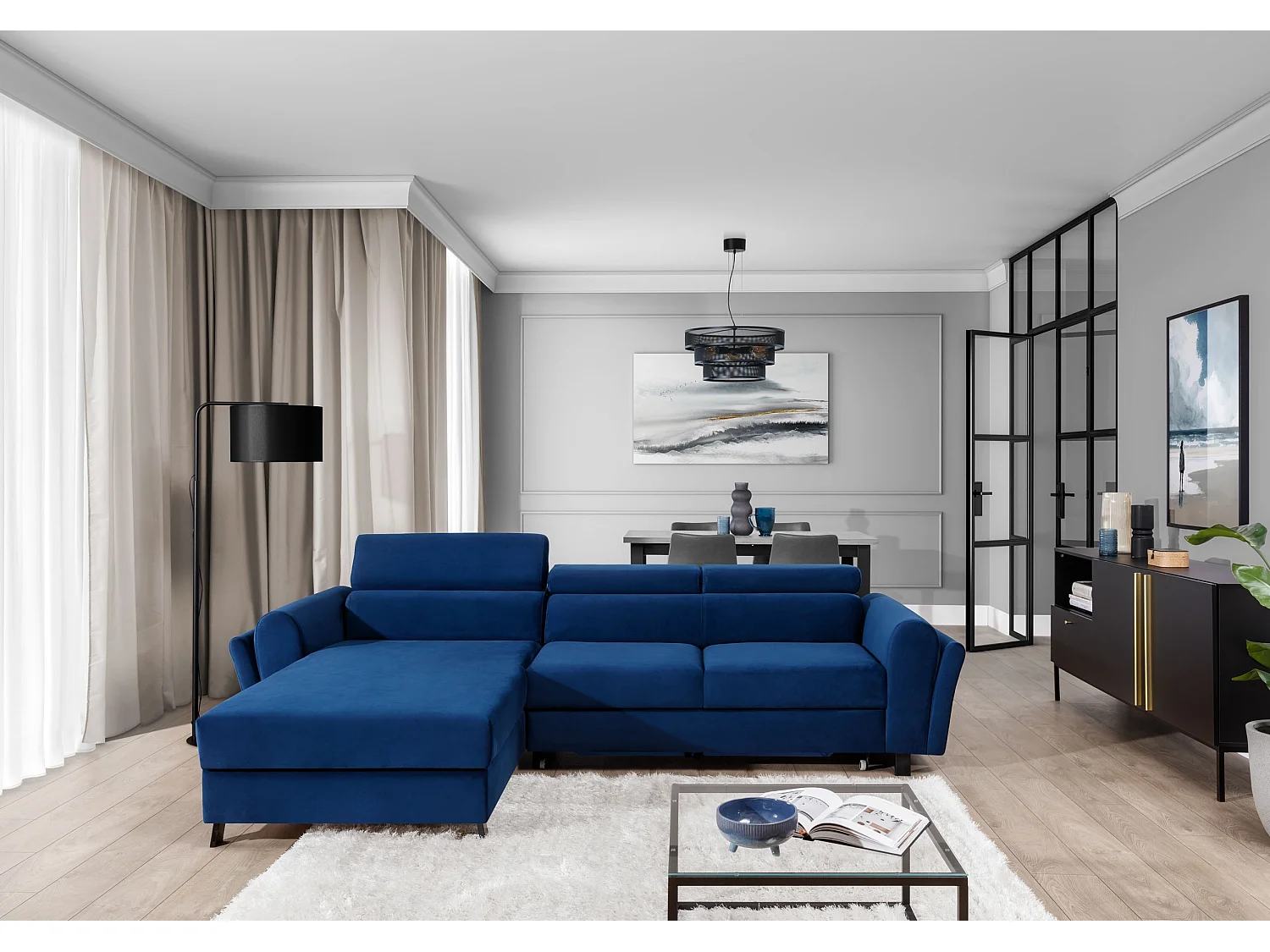 Canapé d’angle convertible MAZALI tissu- Appuis-tête réglables et rangement-Bleu-Méridienne A gauche