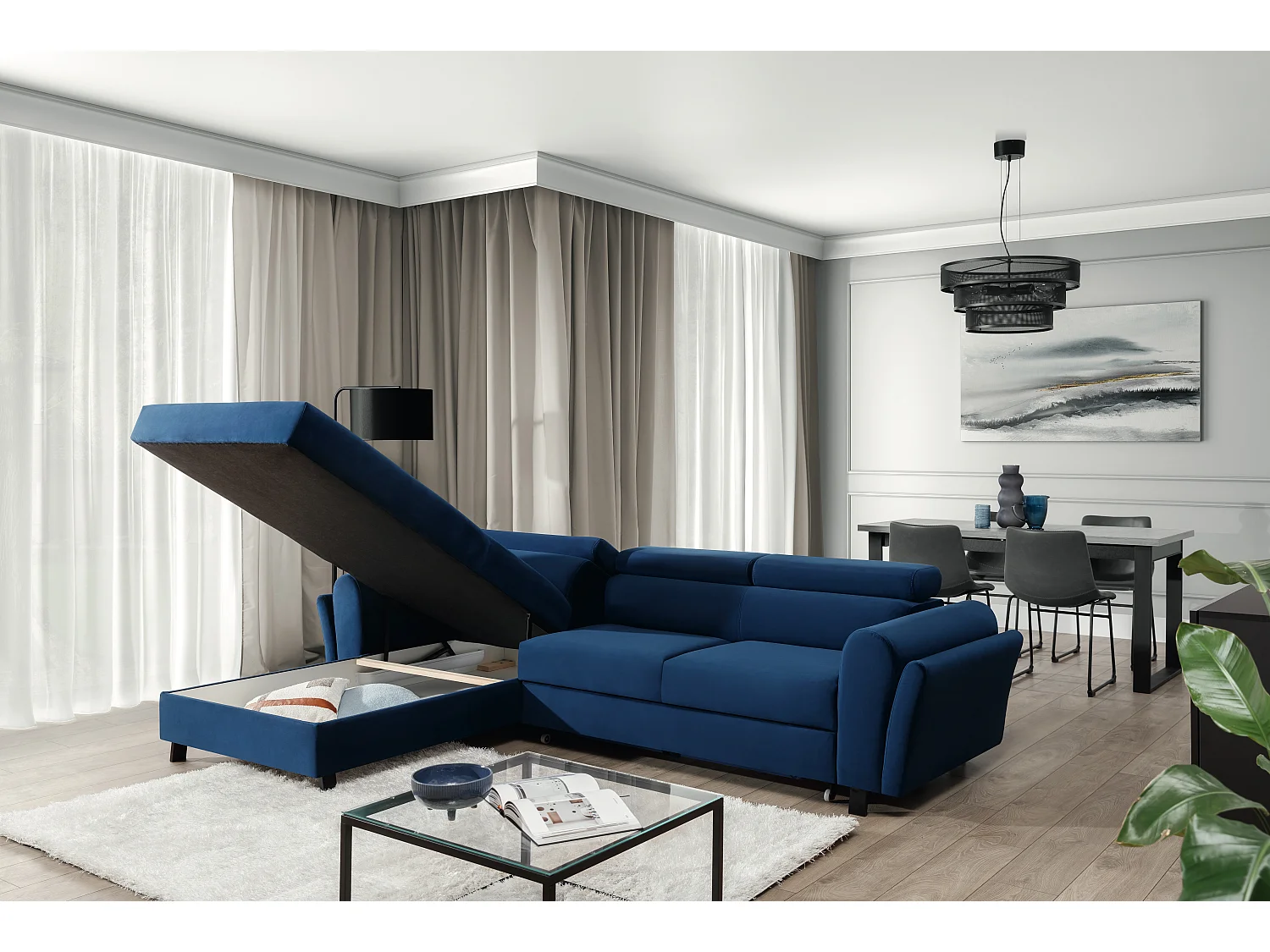 Canapé d’angle convertible MAZALI tissu- Appuis-tête réglables et rangement-Bleu-Méridienne A gauche