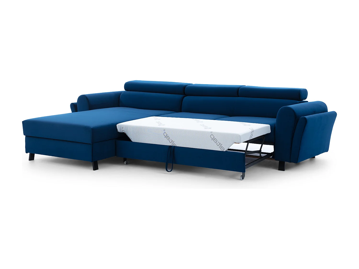 Canapé d’angle convertible MAZALI tissu- Appuis-tête réglables et rangement-Bleu-Méridienne A gauche