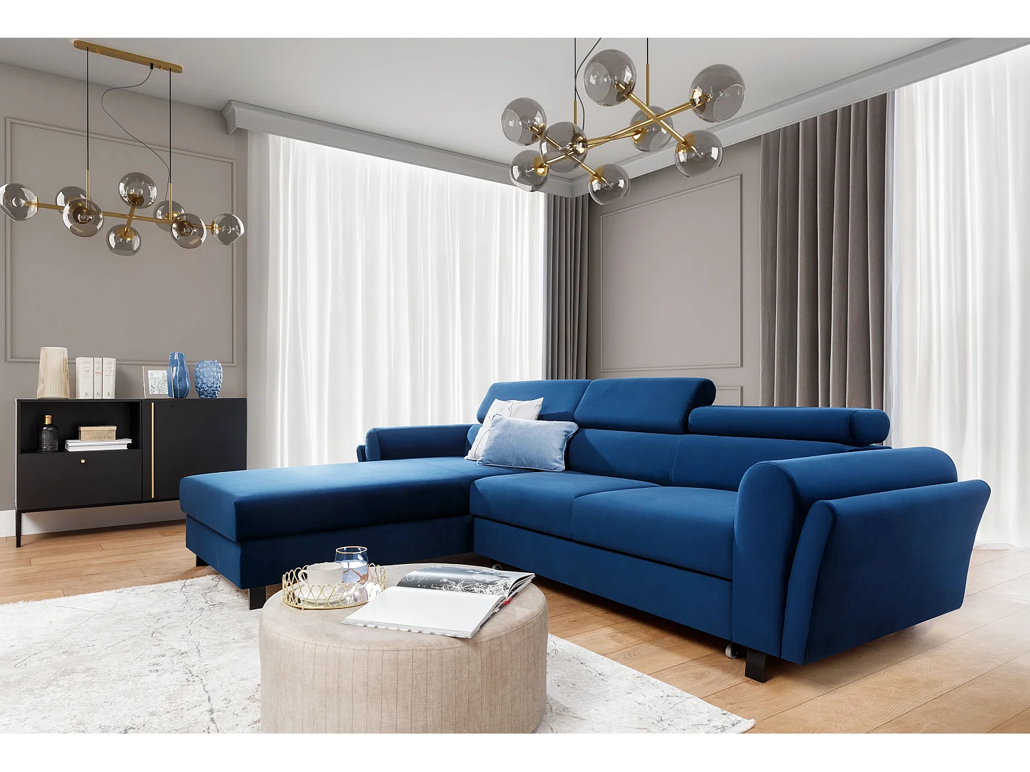 Canapé d’angle convertible MAZALI tissu- Appuis-tête réglables et rangement-Bleu-Méridienne A gauche