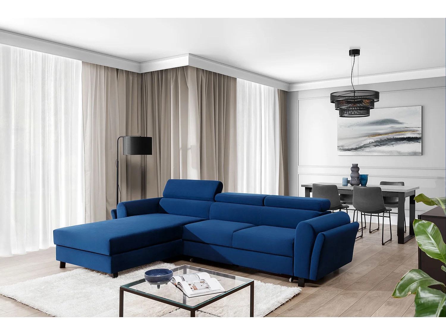 Canapé d’angle convertible MAZALI tissu- Appuis-tête réglables et rangement-Bleu-Méridienne A gauche