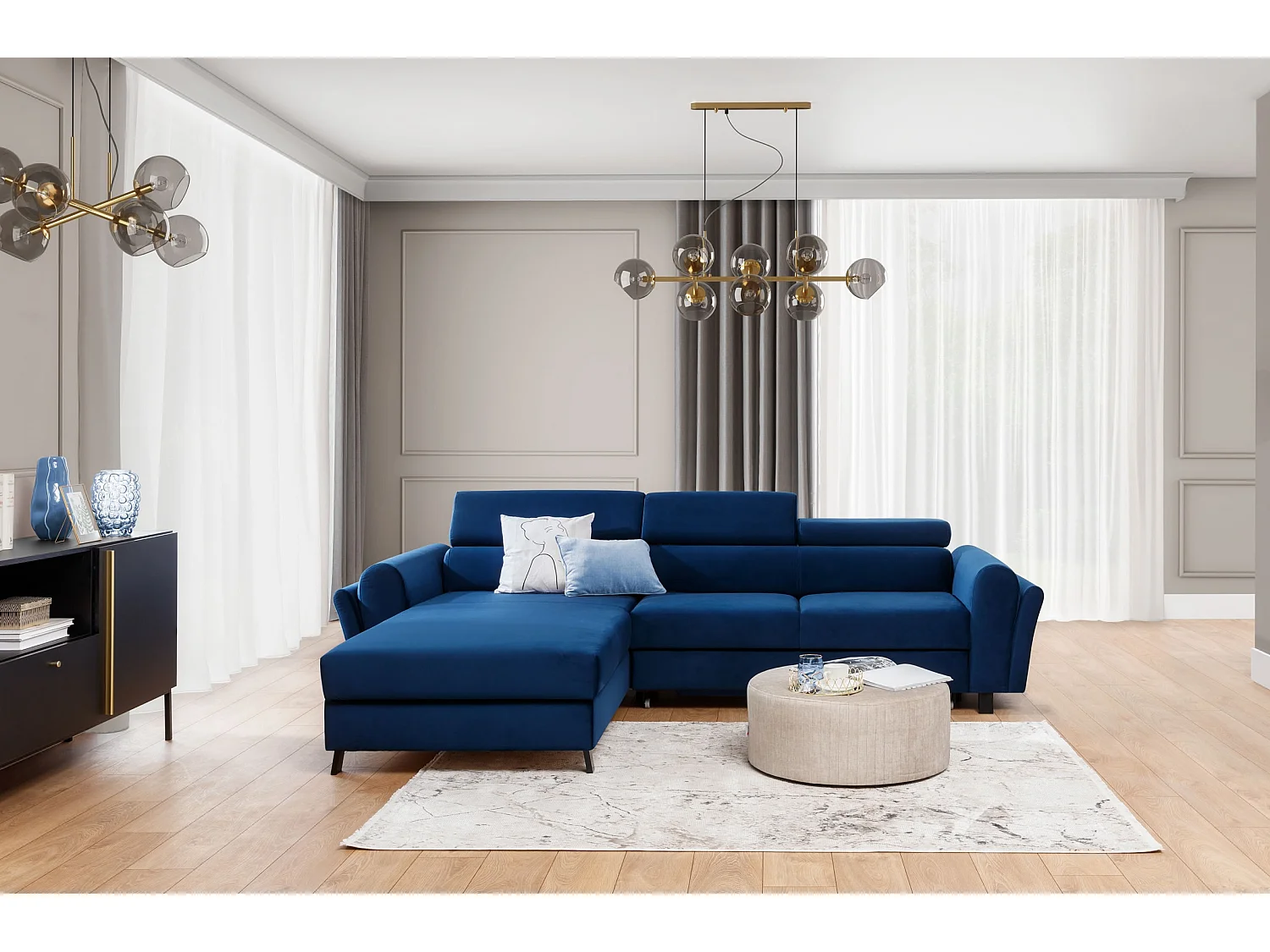 Canapé d’angle convertible MAZALI tissu- Appuis-tête réglables et rangement-Bleu-Méridienne A gauche