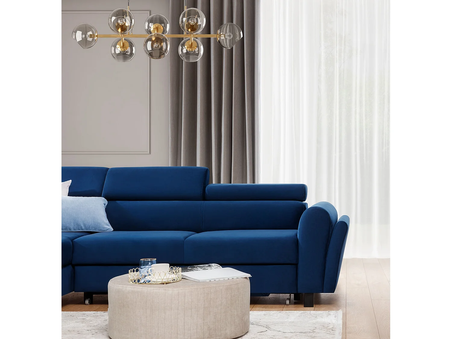 Canapé d’angle convertible MAZALI tissu- Appuis-tête réglables et rangement-Bleu-Méridienne A gauche