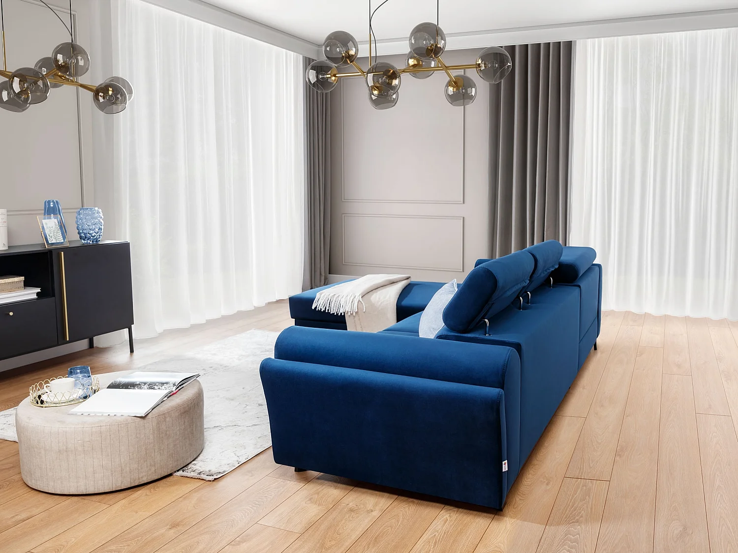 Canapé d’angle convertible MAZALI tissu- Appuis-tête réglables et rangement-Bleu-Méridienne A gauche