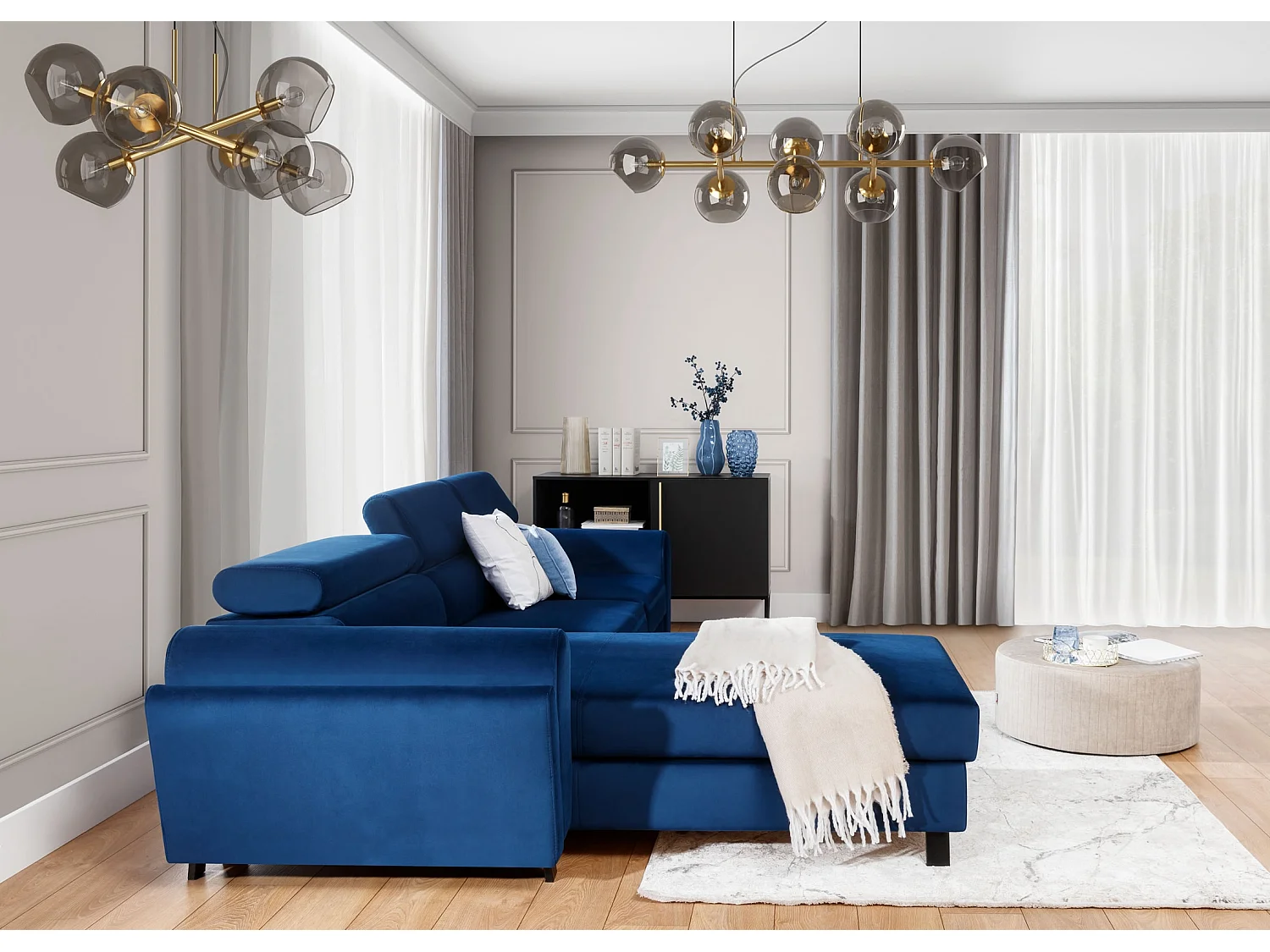 Canapé d’angle convertible MAZALI tissu- Appuis-tête réglables et rangement-Bleu-Méridienne A gauche