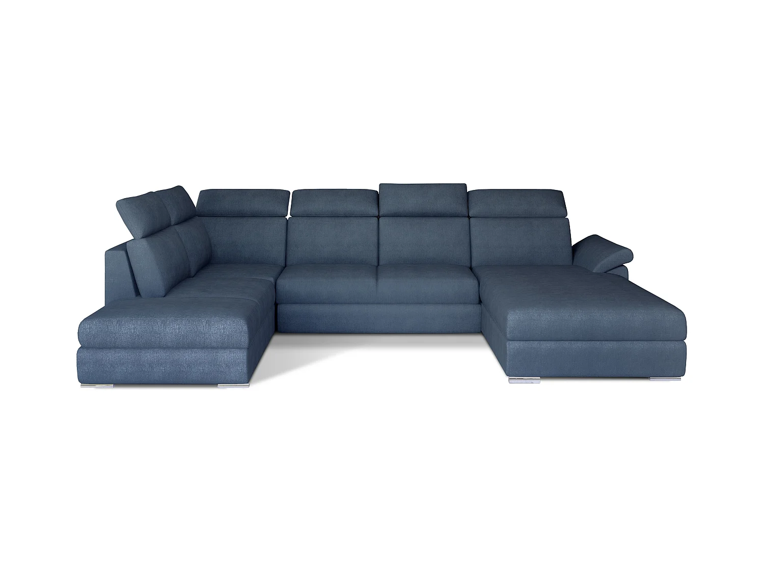 Canapé panoramique convertible LEVANO tissu - Rangement et appuie-têtes réglables-Bleu turquin-Coffre à droite