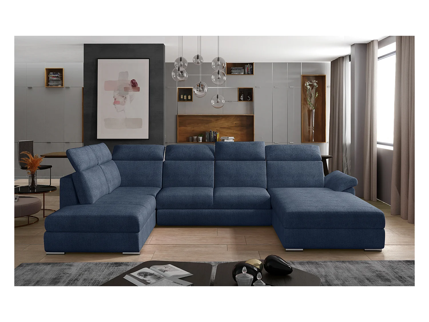 Canapé panoramique convertible LEVANO tissu - Rangement et appuie-têtes réglables-Bleu turquin-Coffre à droite