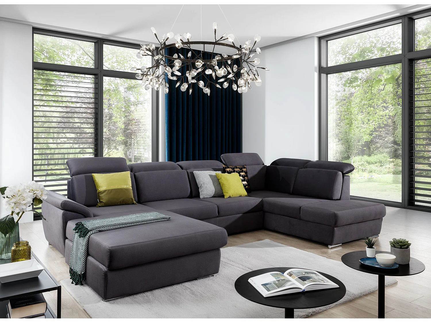 Canapé panoramique convertible LEVANO tissu - Rangement et appuie-têtes réglables-Bleu turquin-Coffre à droite