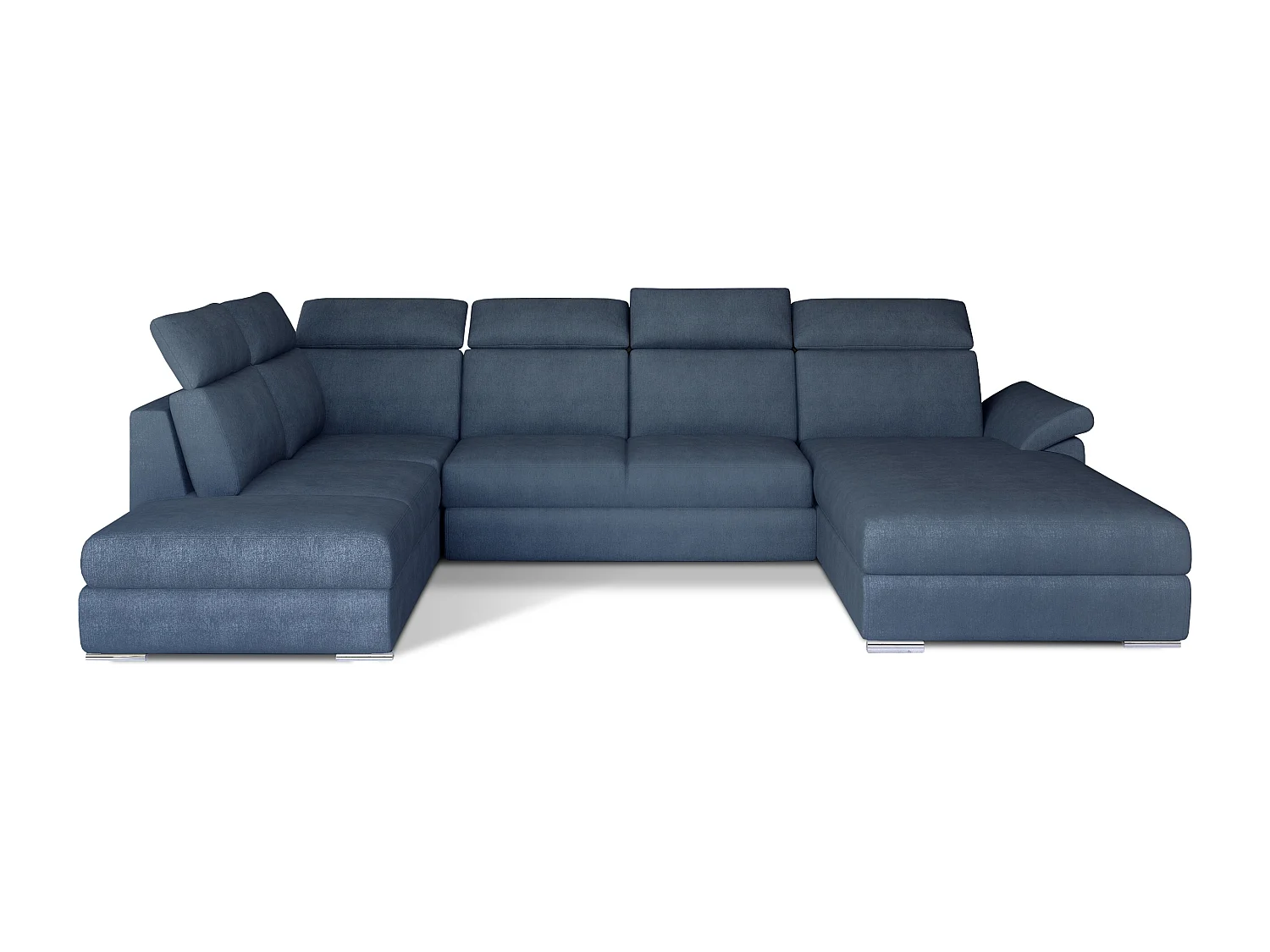 Canapé panoramique convertible LEVANO tissu - Rangement et appuie-têtes réglables-Bleu turquin-Coffre à droite