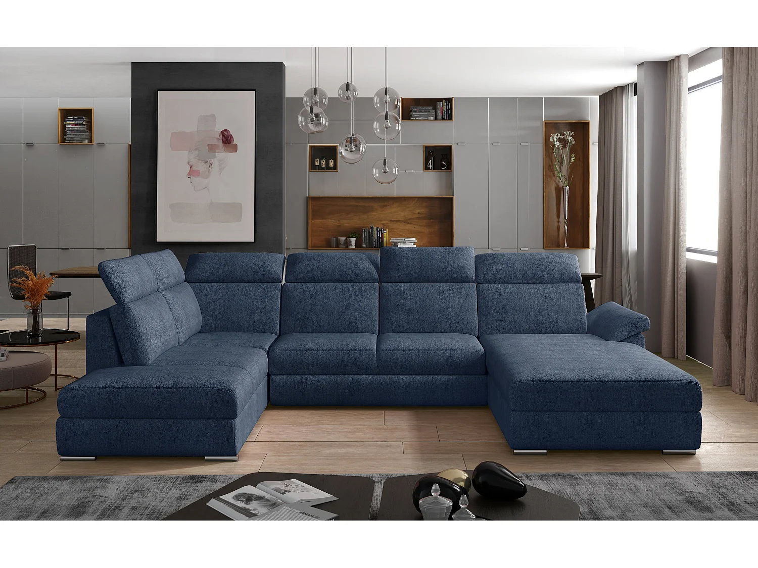 Canapé panoramique convertible LEVANO tissu - Rangement et appuie-têtes réglables-Bleu turquin-Coffre à droite