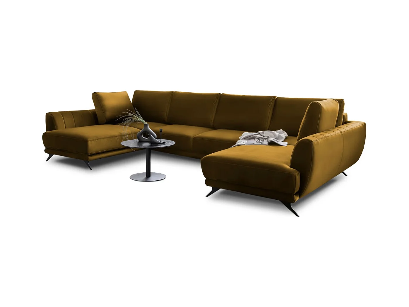 Canapé panoramique convertible LARGOS - Velours irrésistiblement douillet-Jaune curry