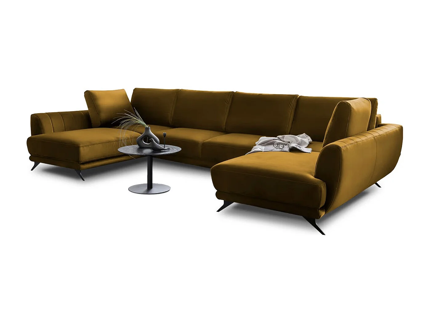 Canapé panoramique convertible LARGOS - Velours irrésistiblement douillet-Jaune curry