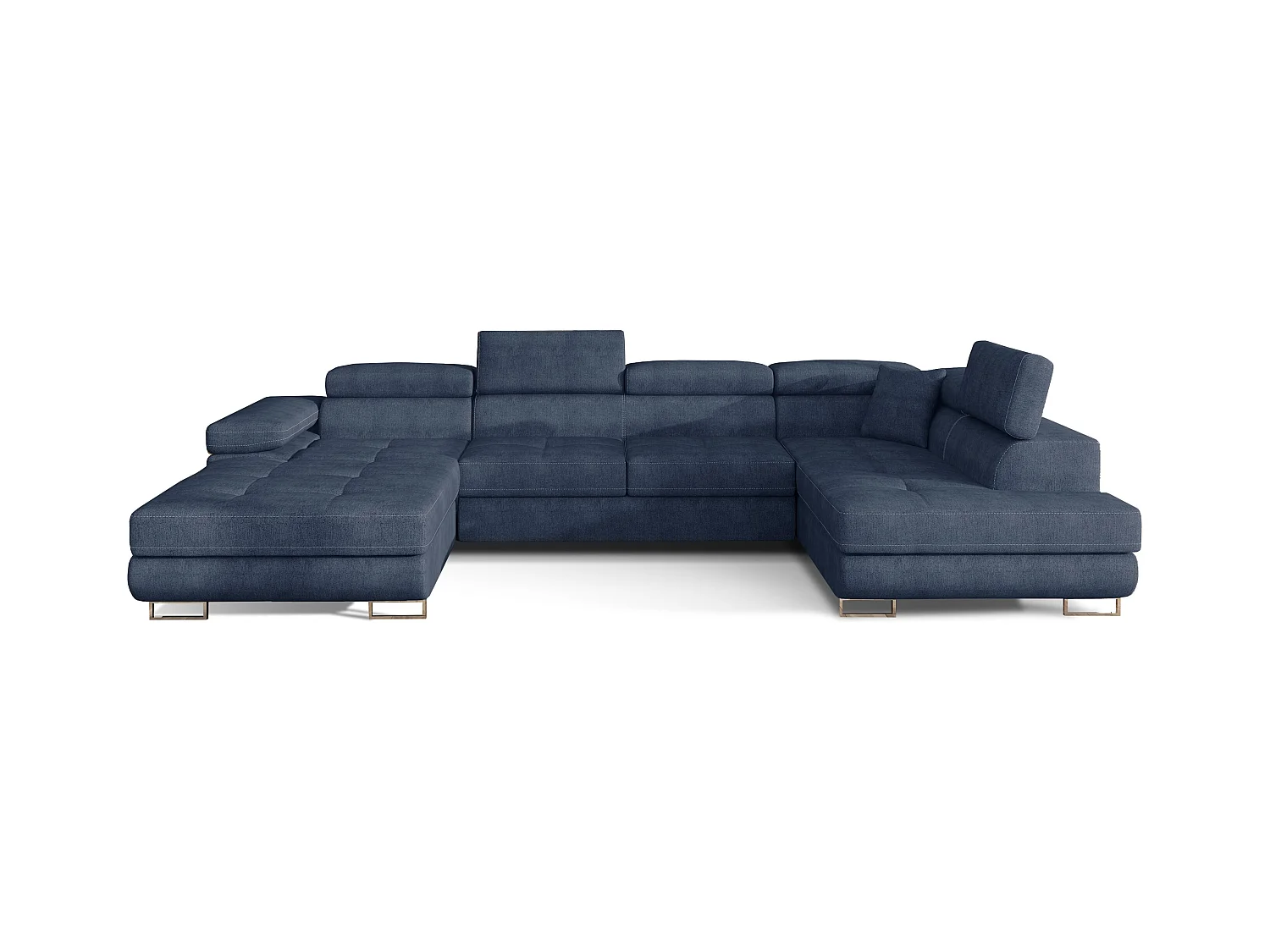 Canapé panoramique convertible ROMANO tissu - Rangement et appuie-têtes réglables-Bleu turquin-Coffre à droite