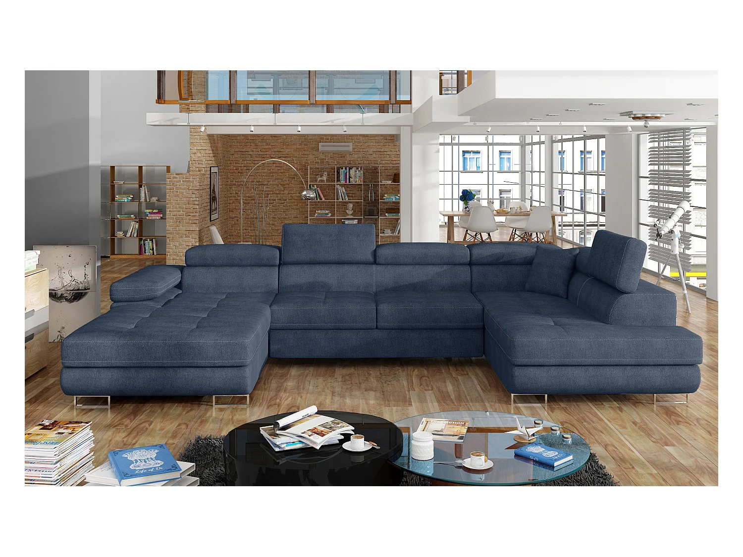 Canapé panoramique convertible ROMANO tissu - Rangement et appuie-têtes réglables-Bleu turquin-Coffre à droite