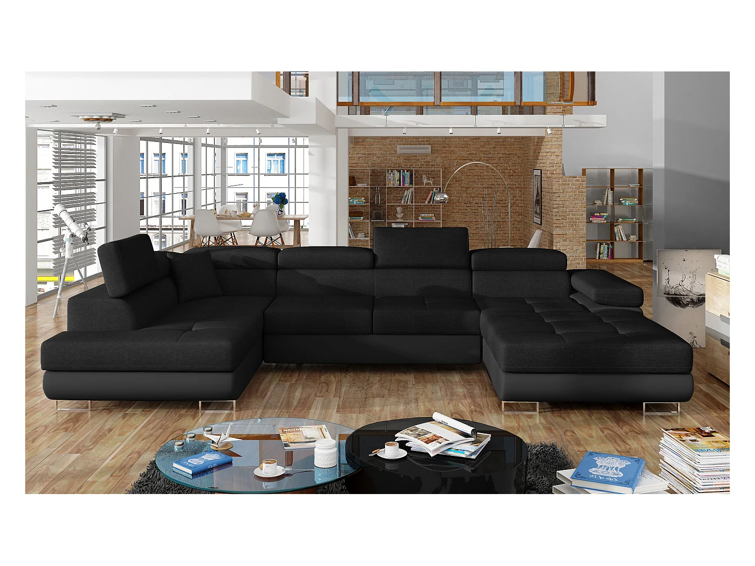 Canapé panoramique convertible ROMANO tissu - Rangement et appuie-têtes réglables-Bleu turquin-Coffre à droite