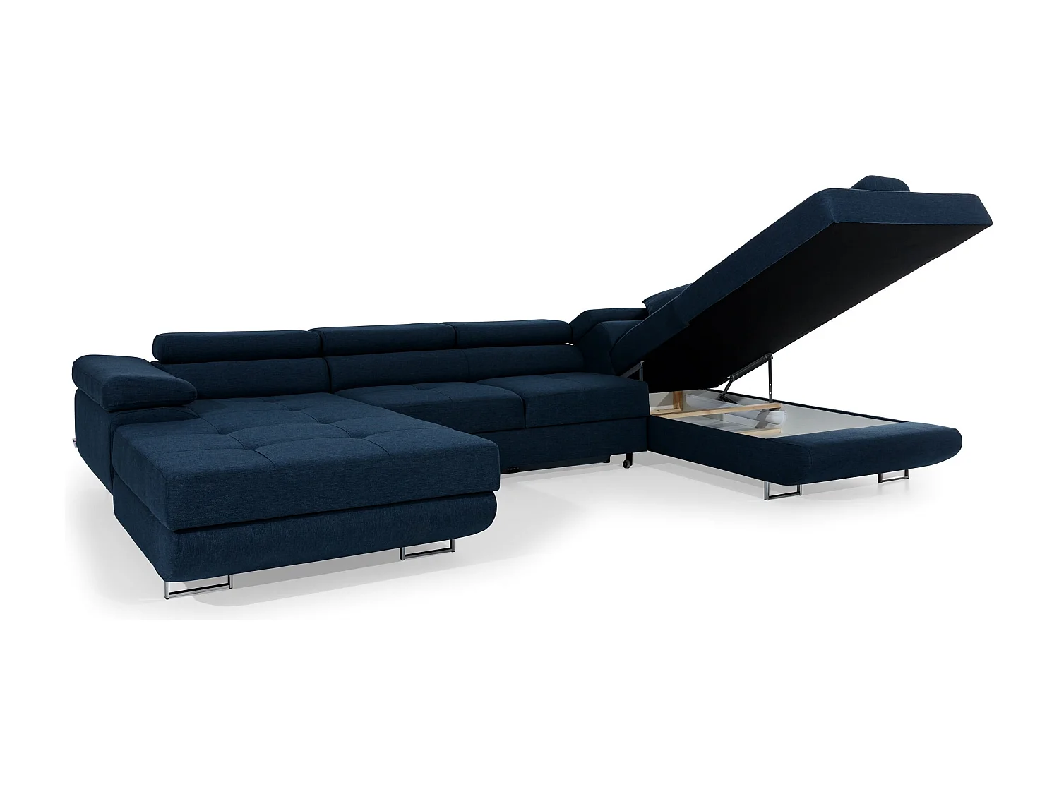 Canapé panoramique convertible ROMANO tissu - Rangement et appuie-têtes réglables-Bleu turquin-Coffre à droite