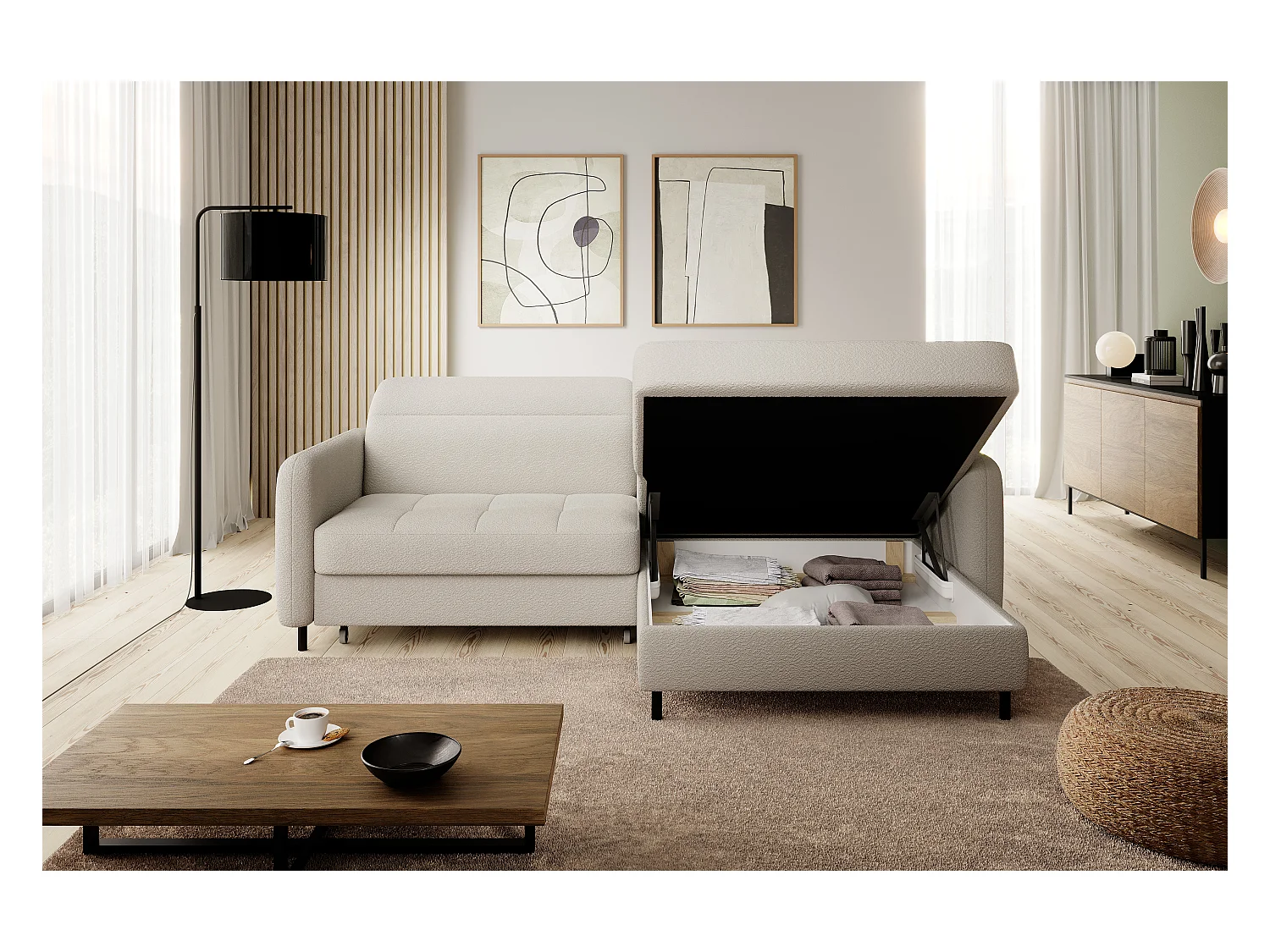 Petit canapé d’angle convertible tissu Kunder-Beige clair-angle droit