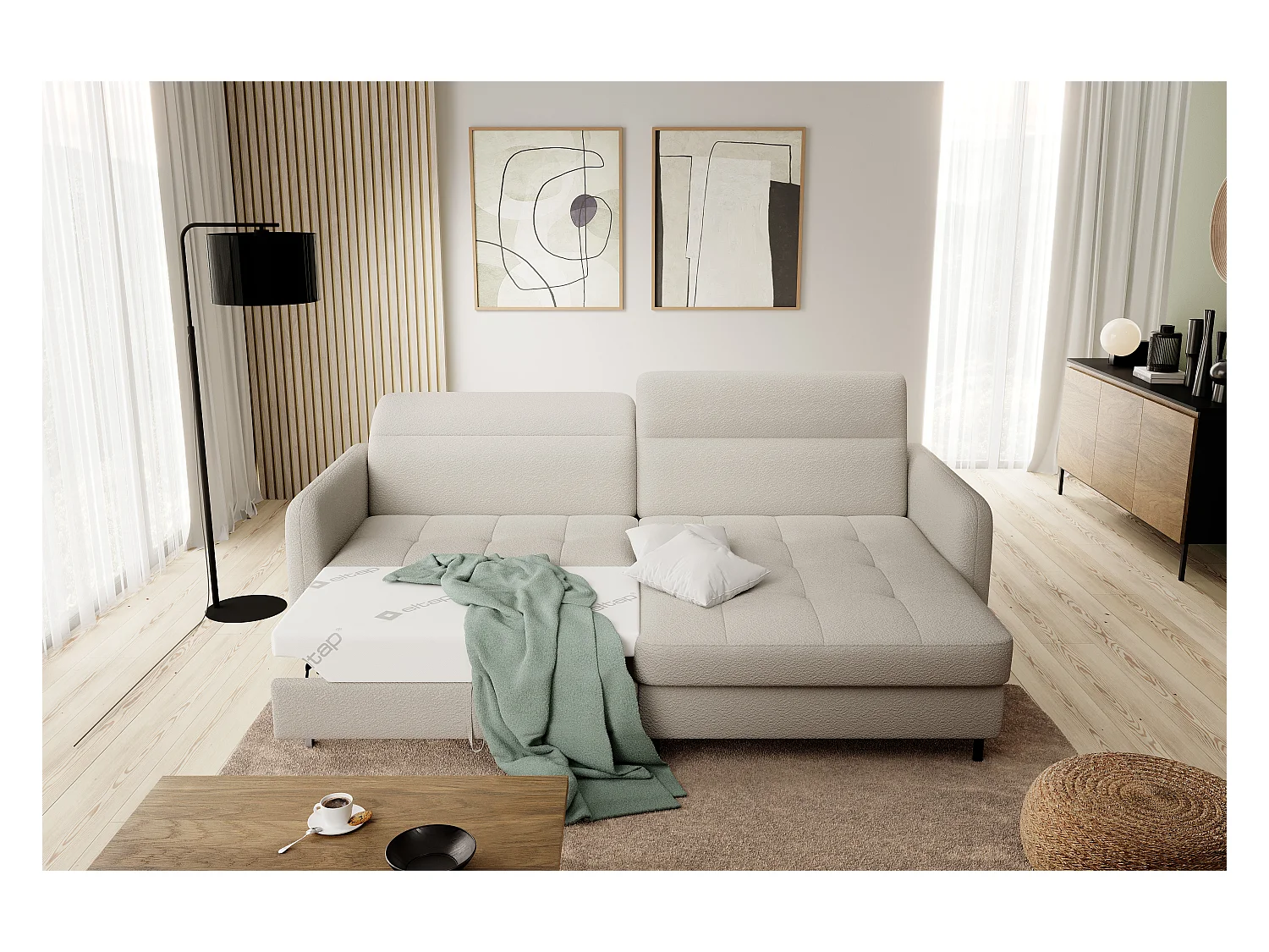 Petit canapé d’angle convertible tissu Kunder-Beige clair-angle droit