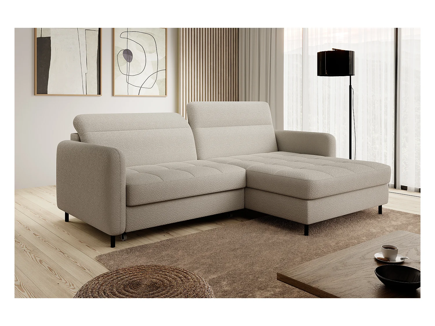 Petit canapé d’angle convertible tissu Kunder-Beige clair-angle droit