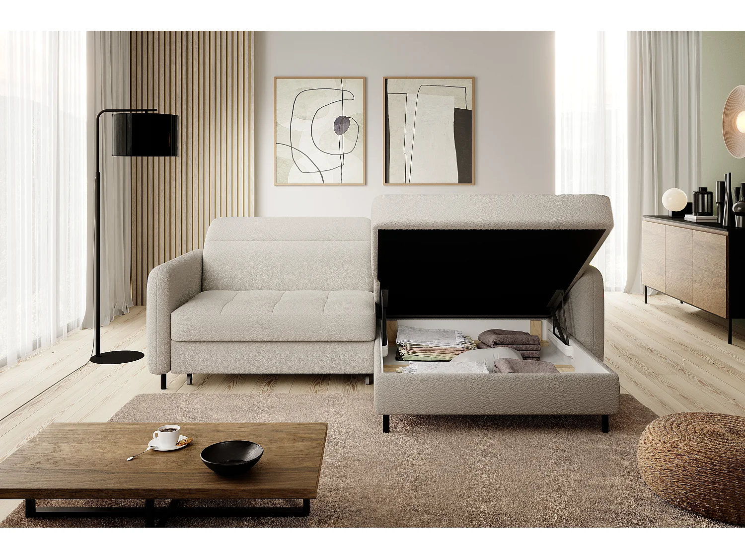 Petit canapé d’angle convertible tissu Kunder-Beige clair-angle droit