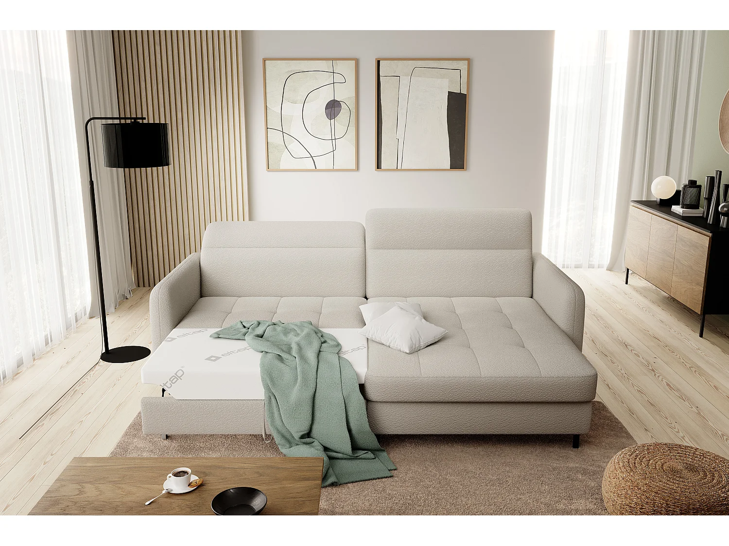 Petit canapé d’angle convertible tissu Kunder-Beige clair-angle droit