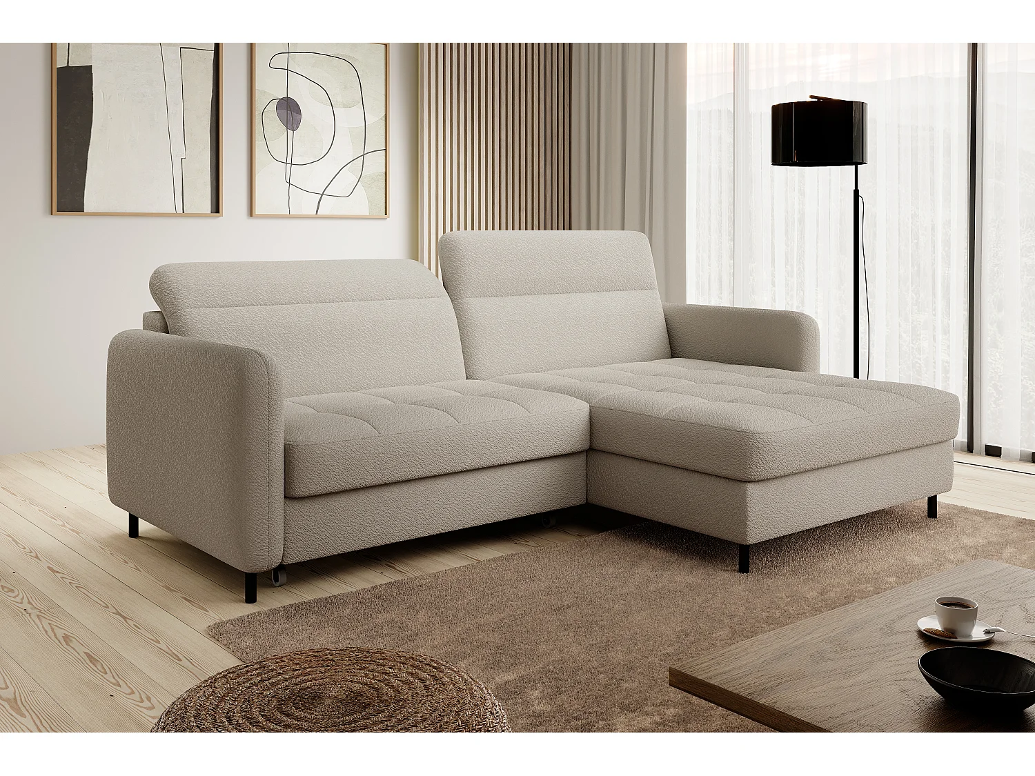 Petit canapé d’angle convertible tissu Kunder-Beige clair-angle droit