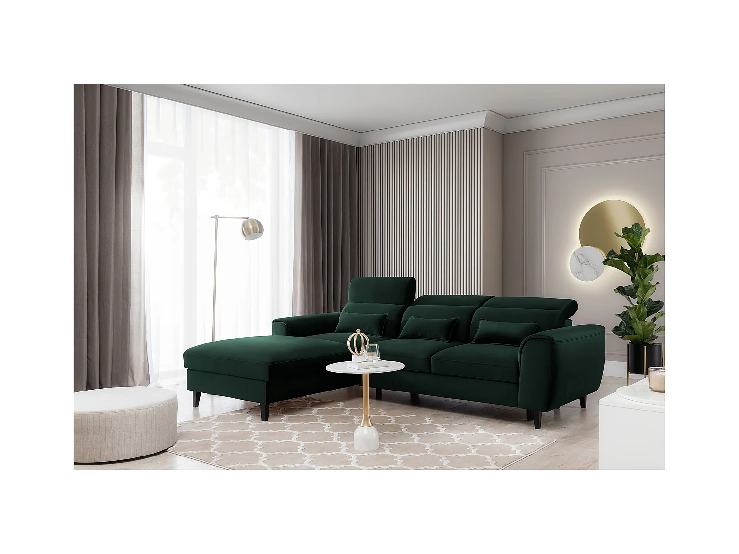 Canapé d'angle convertible velours appuis-tête réglables ASTORIA - Coffre et pieds bois noir-Vert foncé-angle gauche