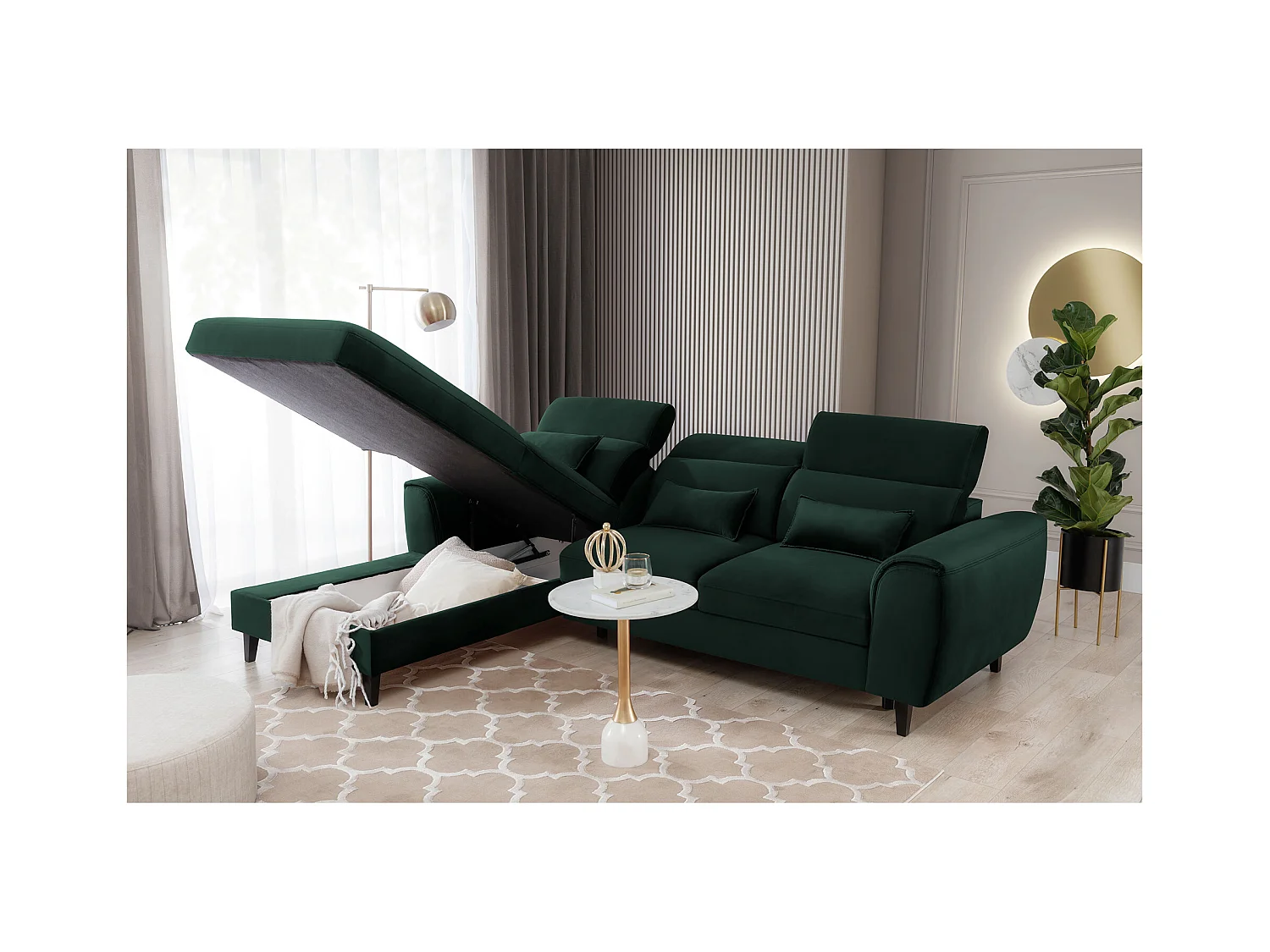 Canapé d'angle convertible velours appuis-tête réglables ASTORIA - Coffre et pieds bois noir-Vert foncé-angle gauche