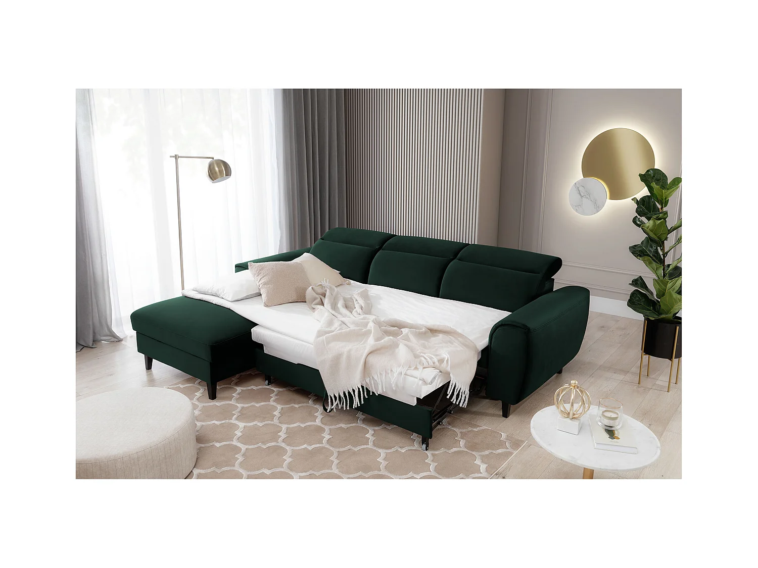 Canapé d'angle convertible velours appuis-tête réglables ASTORIA - Coffre et pieds bois noir-Vert foncé-angle gauche