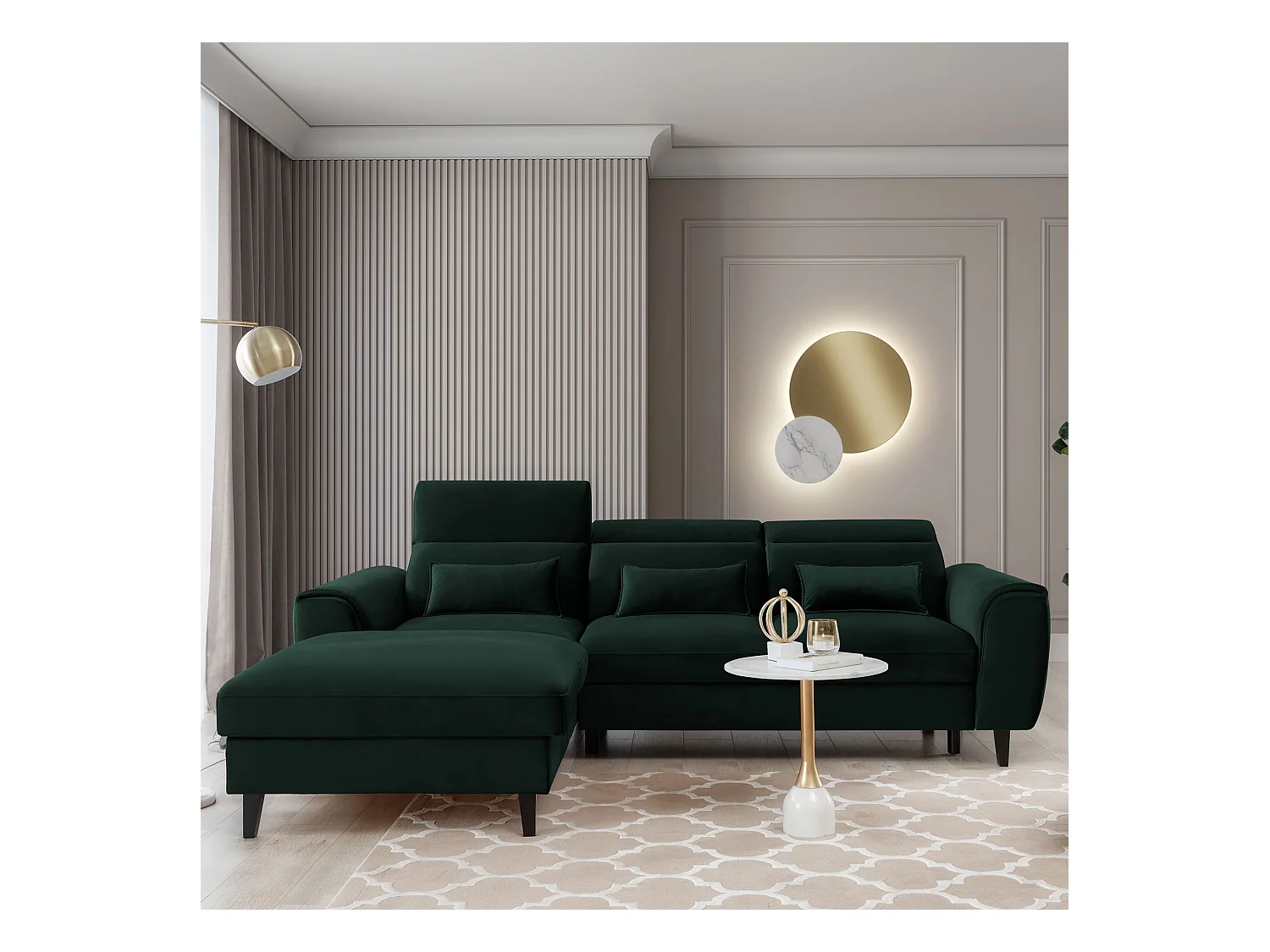 Canapé d'angle convertible velours appuis-tête réglables ASTORIA - Coffre et pieds bois noir-Vert foncé-angle gauche