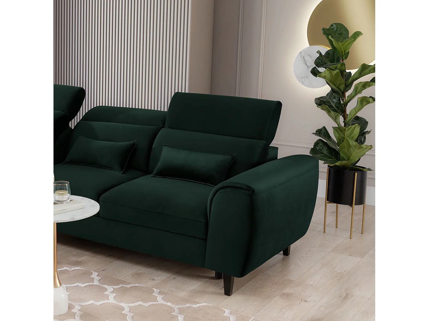 Canapé d'angle convertible velours appuis-tête réglables ASTORIA - Coffre et pieds bois noir-Vert foncé-angle gauche