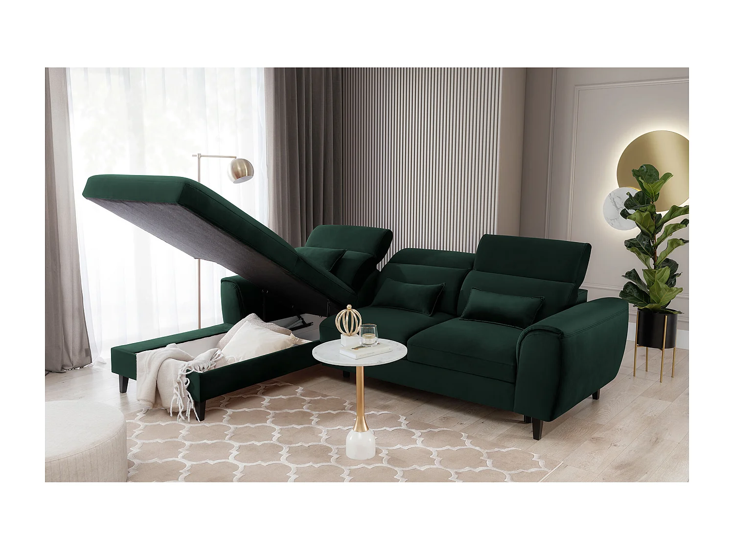 Canapé d'angle convertible velours appuis-tête réglables ASTORIA - Coffre et pieds bois noir-Vert foncé-angle gauche