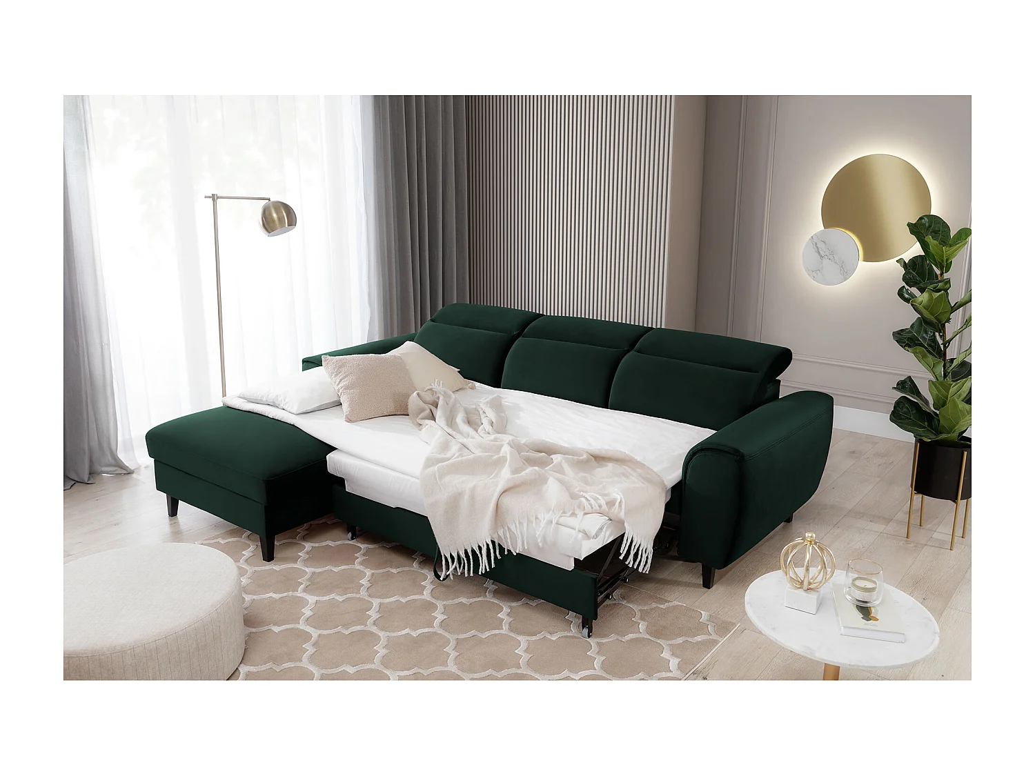 Canapé d'angle convertible velours appuis-tête réglables ASTORIA - Coffre et pieds bois noir-Vert foncé-angle gauche