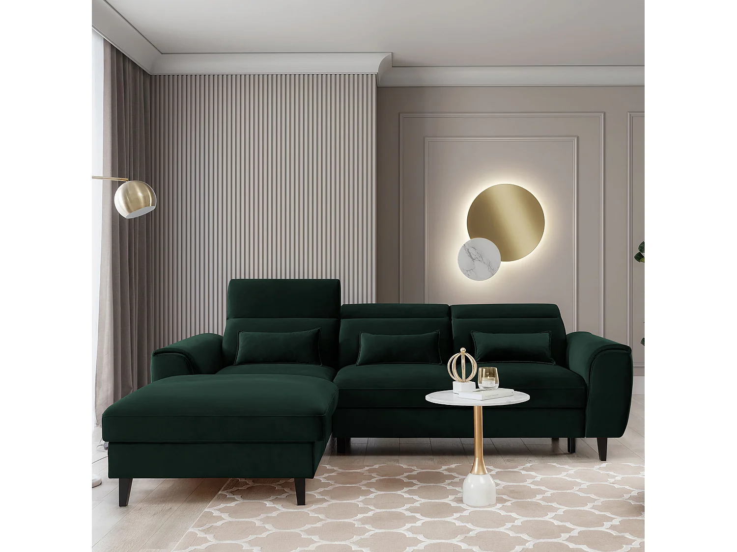 Canapé d'angle convertible velours appuis-tête réglables ASTORIA - Coffre et pieds bois noir-Vert foncé-angle gauche