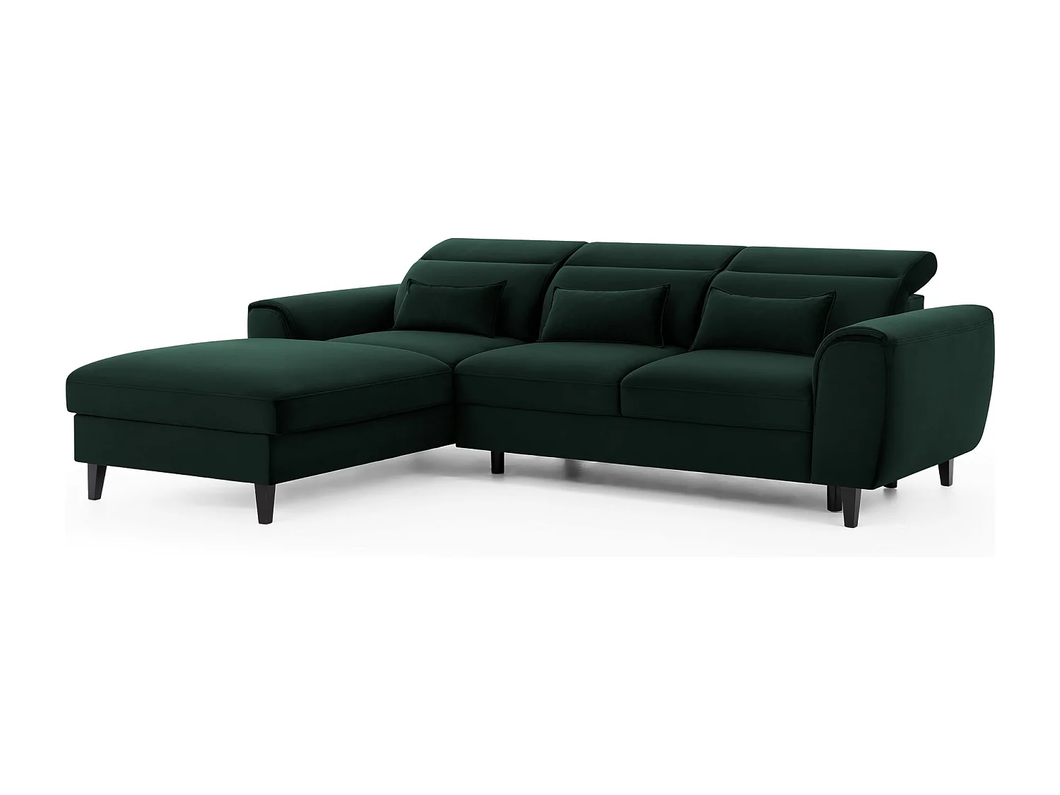 Canapé d'angle convertible velours appuis-tête réglables ASTORIA - Coffre et pieds bois noir-Vert foncé-angle gauche