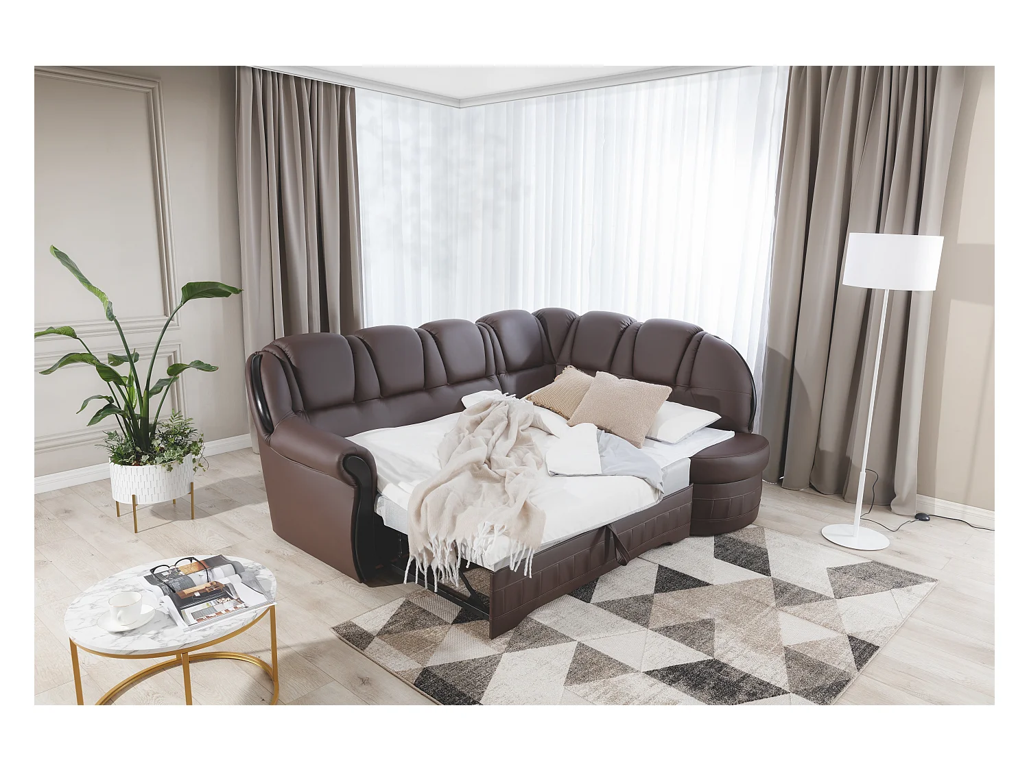 Canapé d'angle convertible avec rangement en simili cuir Majesté-Marron-angle gauche